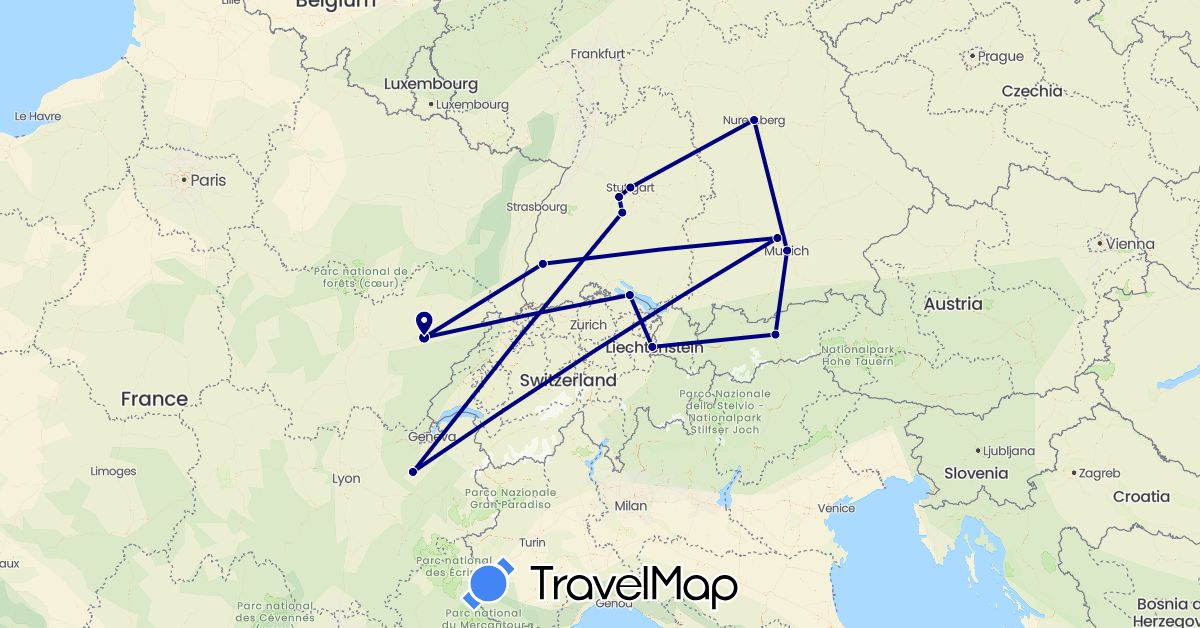 TravelMap itinerary: driving in Austria, Germany, France, Liechtenstein (Europe)
